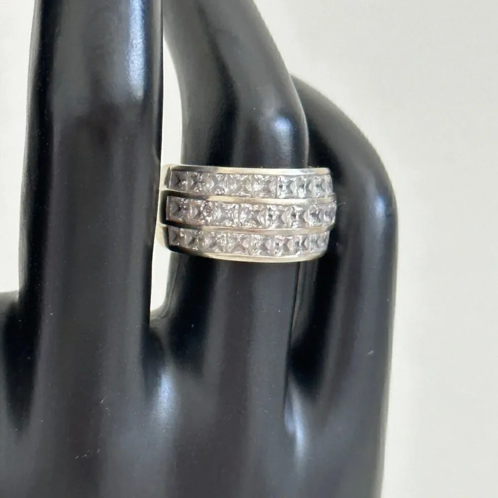 14K White Gold Three Row Clear CZ Wide Chunky Statement Band Ring Size 6.75
